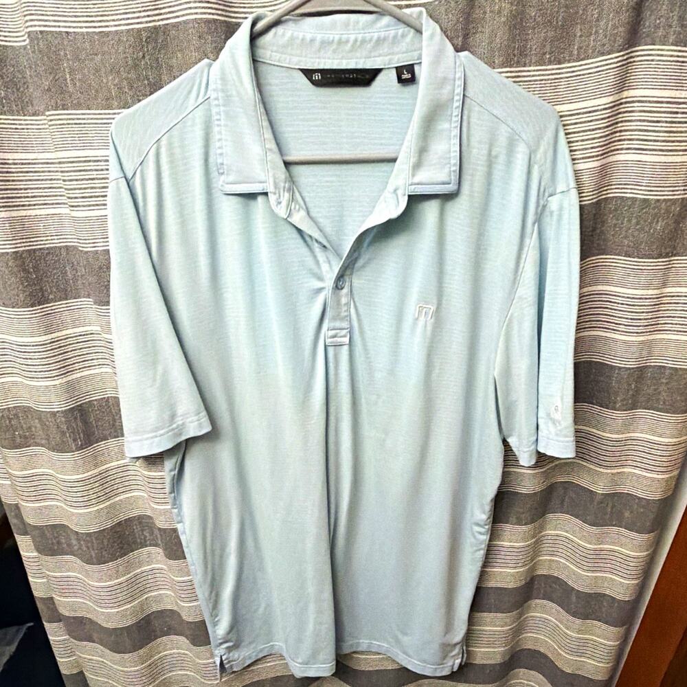 TravisMathew Men's Stretch Polo Shirt Solid Light Blue Embroidered Logo L Reg